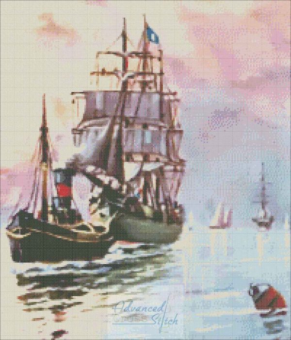 Ship with Tugboat Cross Stitch Pattern